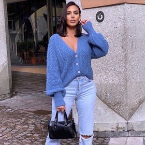 ZARA BLOGGER Blue Cableknit Pom Pom Rhinestone Jewel Button Cardigan Sweater